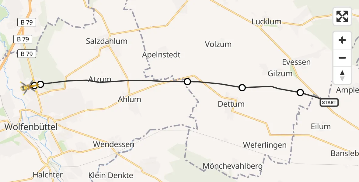 Routekaart van de vlucht: Rettungshubschrauber nach Wolfenbüttel Municipal Hospital Heliport (Christoph 30)