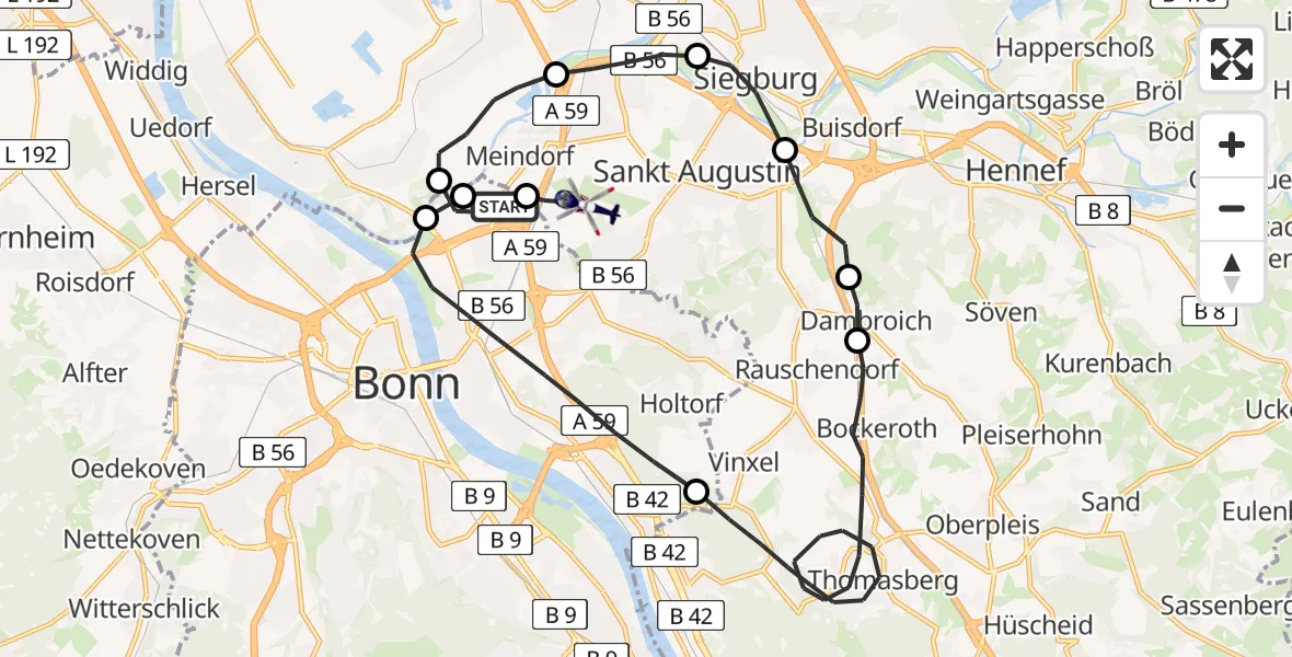 Flugroute Polizeihubschrauber Bonn - Bonn-Hangelar Flugplatz, 02 April 2026, 06:05