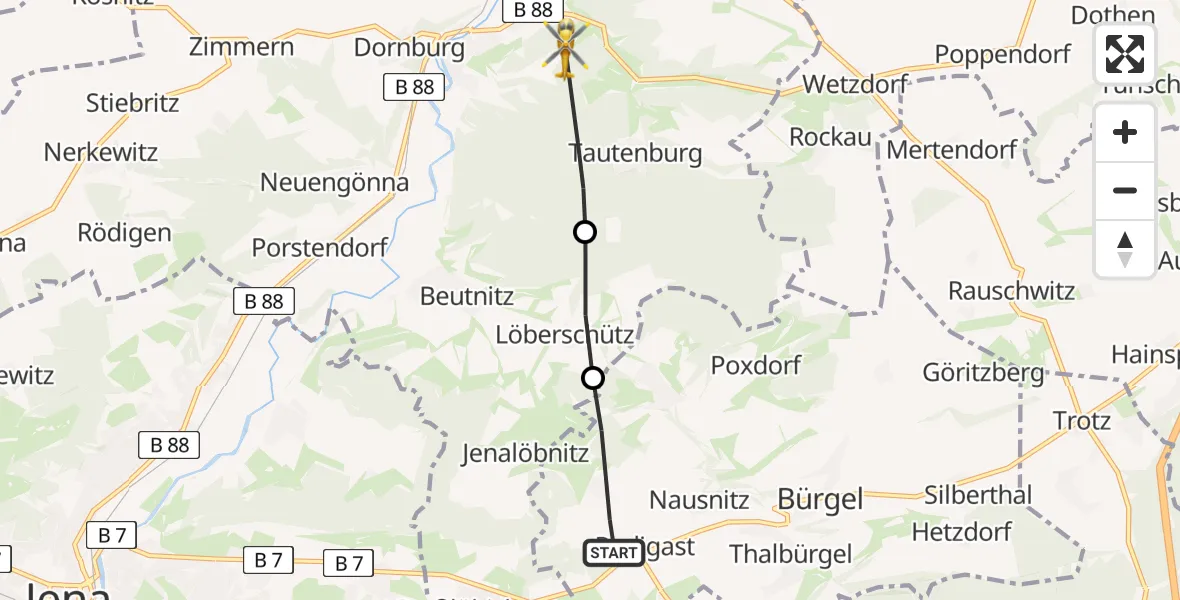 Routekaart van de vlucht: Rettungshubschrauber nach Dornburg-Camburg, Am Wald