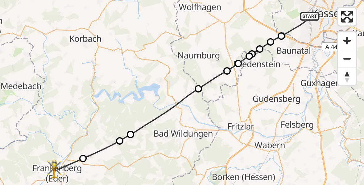 Flugroute Rettungshubschrauber Kassel - Frankenberg (Eder), 02 April 2026, 06:13