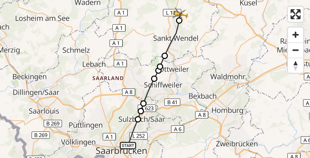 Flugroute Rettungshubschrauber Saarbrücken - Namborn, 02 April 2026, 06:17
