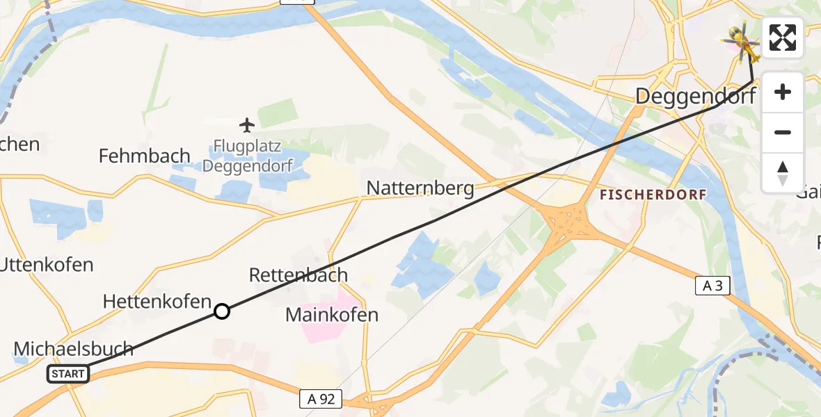 Routekaart van de vlucht: Rettungshubschrauber nach Deggendorf, Perlasberger Straße