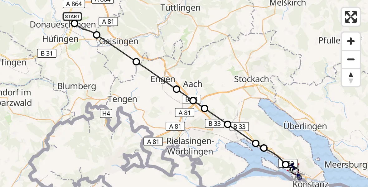Routekaart van de vlucht: Polizeihubschrauber nach Konstanz Flugplatz