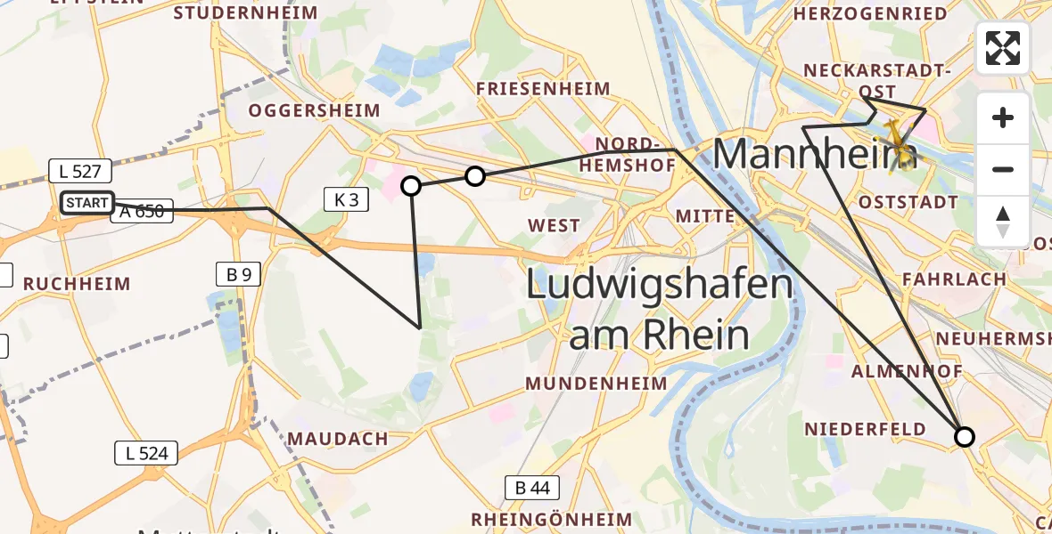Routekaart van de vlucht: Rettungshubschrauber nach Mannheim, Josef-Braun-Ufer
