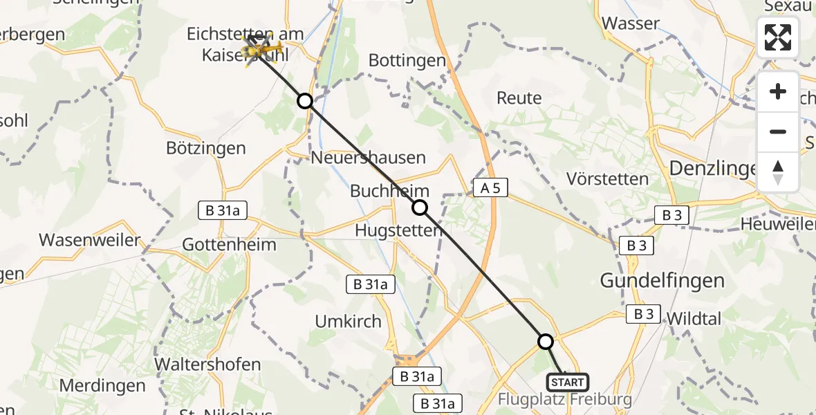Flugroute Rettungshubschrauber Freiburg im Breisgau Flugplatz - Eichstetten am Kaiserstuhl, 02 April 2026, 07:02