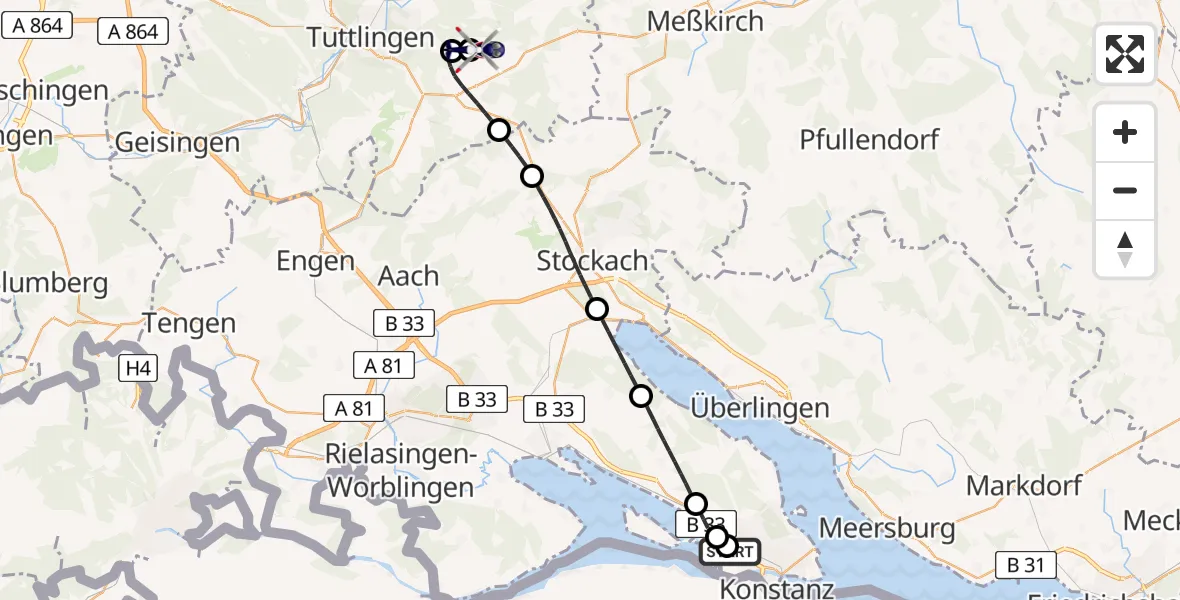Routekaart van de vlucht: Polizeihubschrauber nach Neuhausen ob Eck Flugplatz