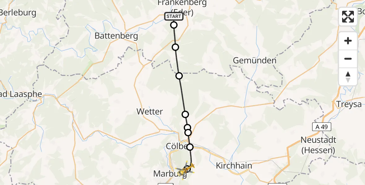 Routekaart van de vlucht: Rettungshubschrauber nach Marburg University Hospital Rooftop