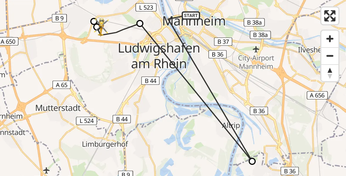 Flugroute Rettungshubschrauber Mannheim - Ludwigshafen Accident Hospital, 02 April 2026, 07:29