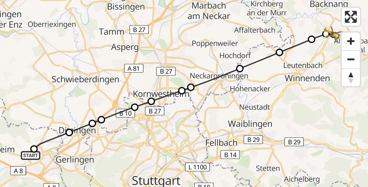 Flugroute Rettungshubschrauber Leonberg Hospital - Backnang, 02 April 2026, 07:35