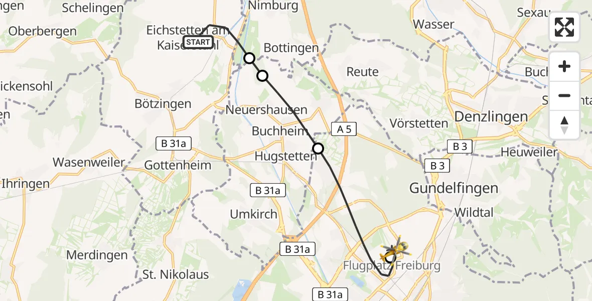 Routekaart van de vlucht: Rettungshubschrauber nach Freiburg im Breisgau Flugplatz