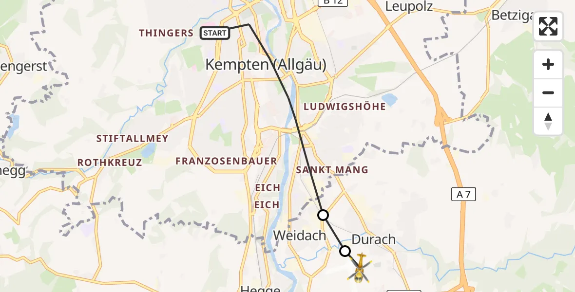 Flugroute Rettungshubschrauber Kempten (Allgäu) - Kempten-Durach Flugplatz, 02 April 2026, 08:04