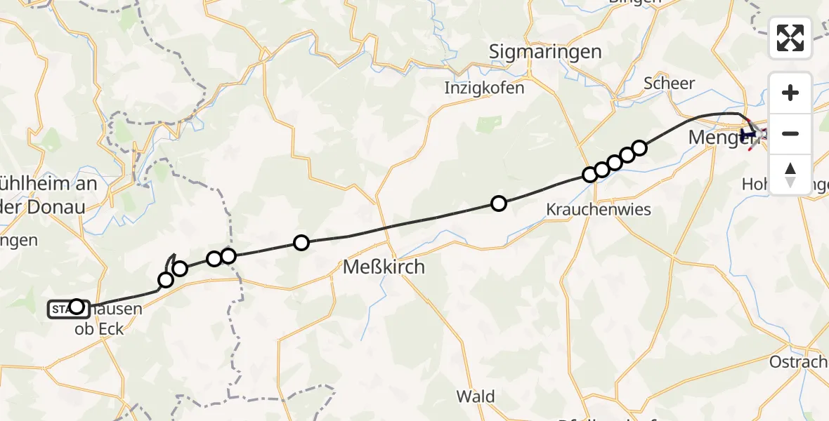 Routekaart van de vlucht: Polizeihubschrauber nach Mengen-Hohentengen Flugplatz