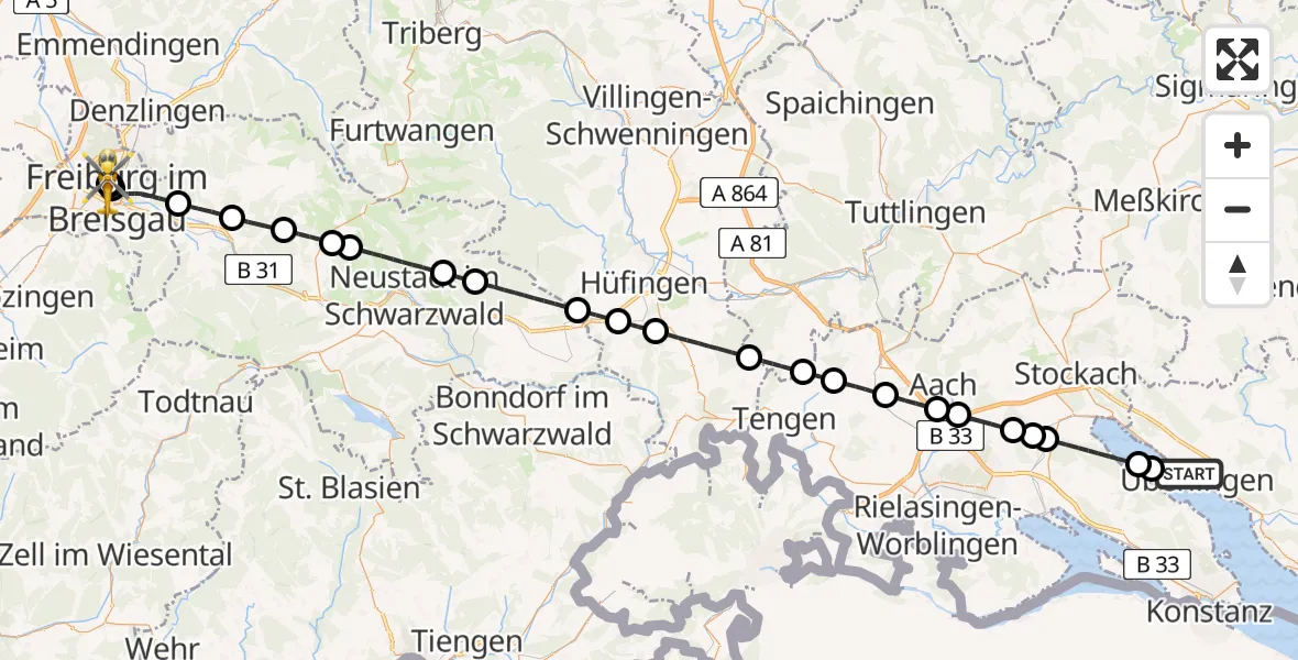 Routekaart van de vlucht: Rettungshubschrauber nach Freiburg University Hospital Heliport 1