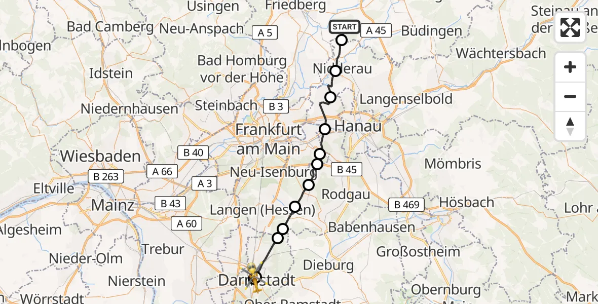 Flugroute Ambulanzhubschrauber Florstadt - Darmstadt Hospital, 02 April 2026, 08:18