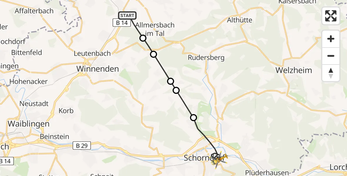Routekaart van de vlucht: Rettungshubschrauber nach Schorndorf, Dorothea-Schlegel-Weg