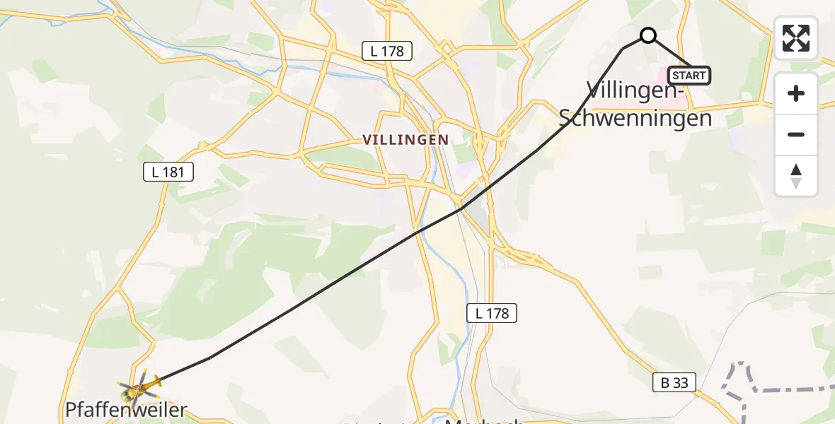 Flugroute Rettungshubschrauber DRF Air Rescue Station Villingen-Schwenningen Hubschrauberlandeplatz (Christoph 11) - Villingen-Schwenningen, 02 April 2026, 08:32