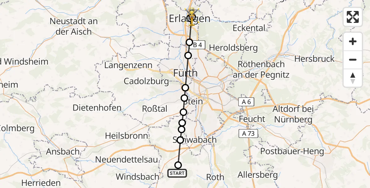 Routekaart van de vlucht: Rettungshubschrauber nach Erlangen University Hospital Rooftop