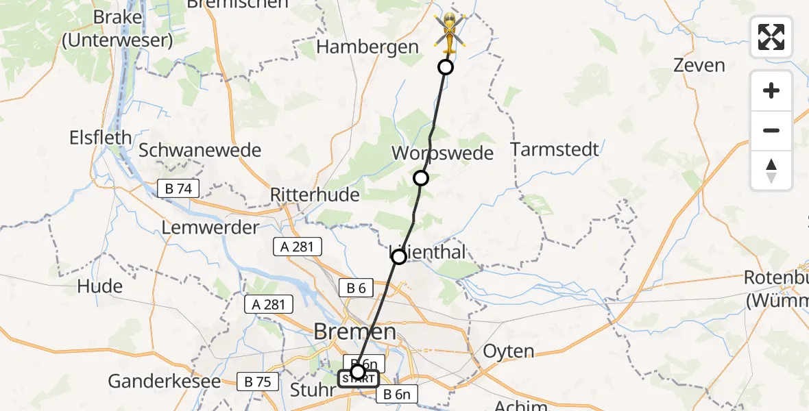Flugroute Rettungshubschrauber ADAC Air Rescue Station Bremen Hubschrauberlandeplatz (Christoph 6) - Vollersode, 02 April 2026, 08:35