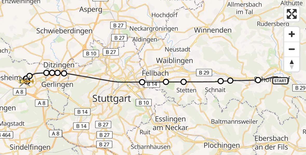 Routekaart van de vlucht: Rettungshubschrauber nach Leonberg Hospital Hubschrauberlandeplatz