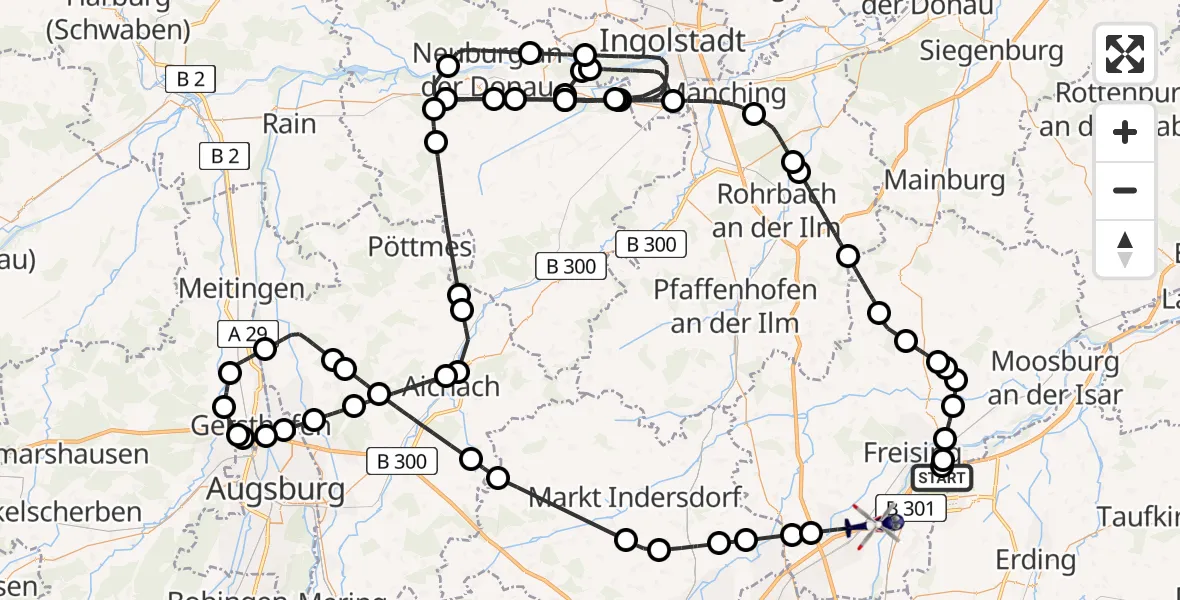 Routekaart van de vlucht: Polizeihubschrauber nach Neufahrn b.Freising, A 92