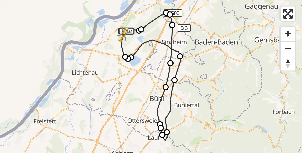 Flugroute Rettungshubschrauber Karlsruhe Baden-Baden Flughafen - Karlsruhe Baden-Baden Flughafen, 02 April 2026, 09:00