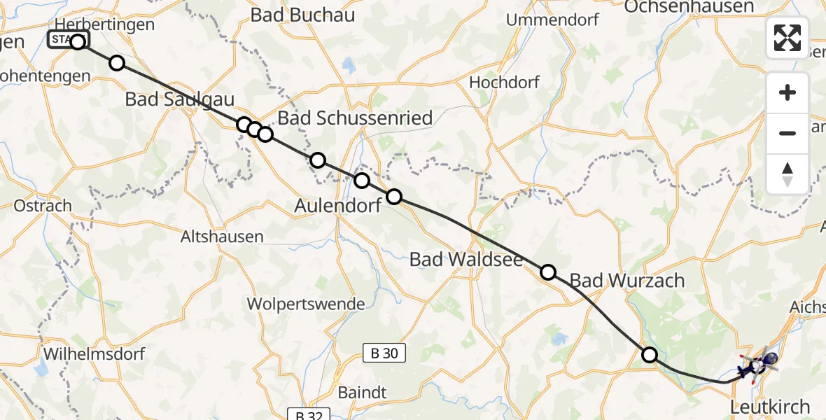 Routekaart van de vlucht: Polizeihubschrauber nach Leutkirch-Unterzeil Flugplatz
