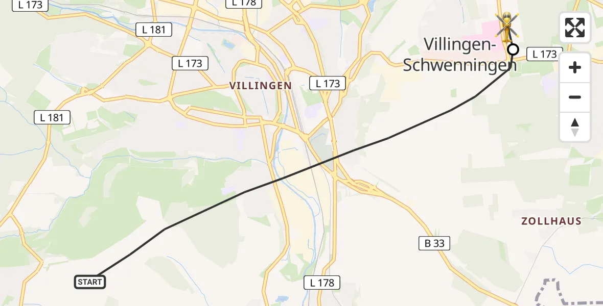 Routekaart van de vlucht: Rettungshubschrauber nach DRF Air Rescue Station Villingen-Schwenningen Hubschrauberlandeplatz (Christoph 11)