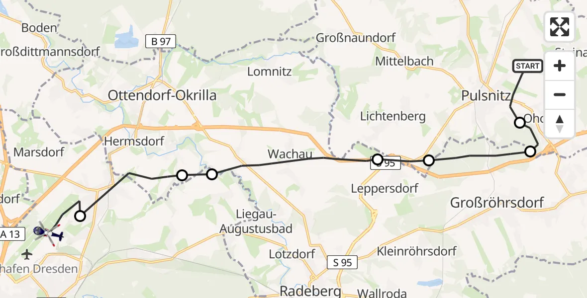 Routekaart van de vlucht: Polizeihubschrauber nach Dresden Bundespolizei Hubschrauberlandeplatz