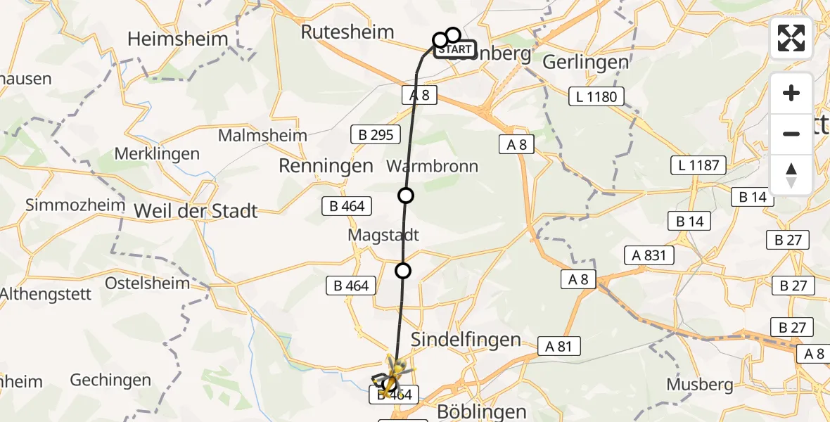 Flugroute Rettungshubschrauber Leonberg Hospital - Böblingen, 02 April 2026, 09:15