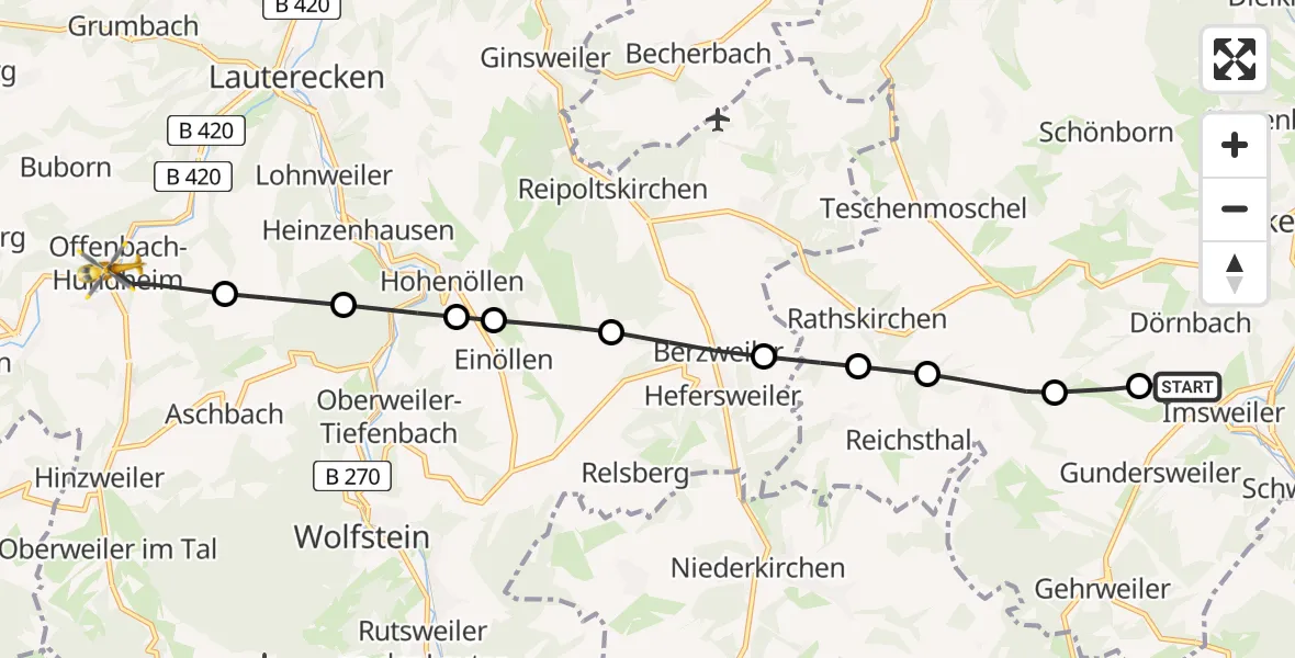 Flugroute Rettungshubschrauber Imsweiler UL - Offenbach-Hundheim, 02 April 2026, 09:17