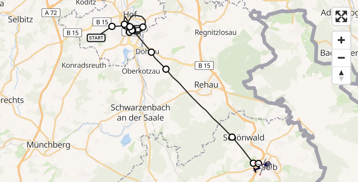 Routekaart van de vlucht: Polizeihubschrauber nach Fichtelgebirge Hospital Selb