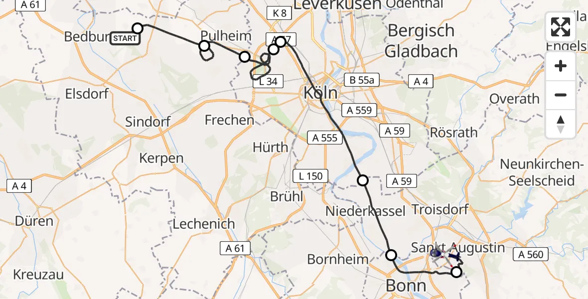 Routekaart van de vlucht: Polizeihubschrauber nach Bonn-Hangelar Flugplatz