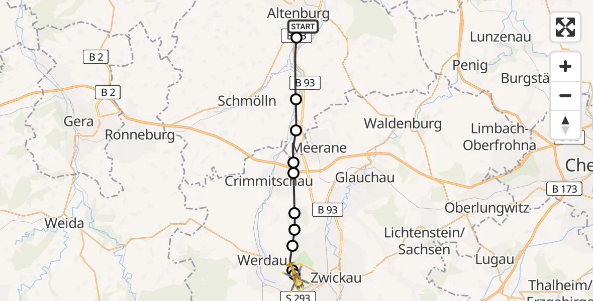 Routekaart van de vlucht: Rettungshubschrauber nach ADAC Air Rescue Station Zwickau Hubschrauberlandeplatz