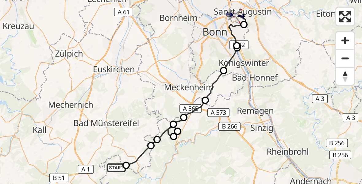 Routekaart van de vlucht: Polizeihubschrauber nach Bonn-Hangelar Flugplatz