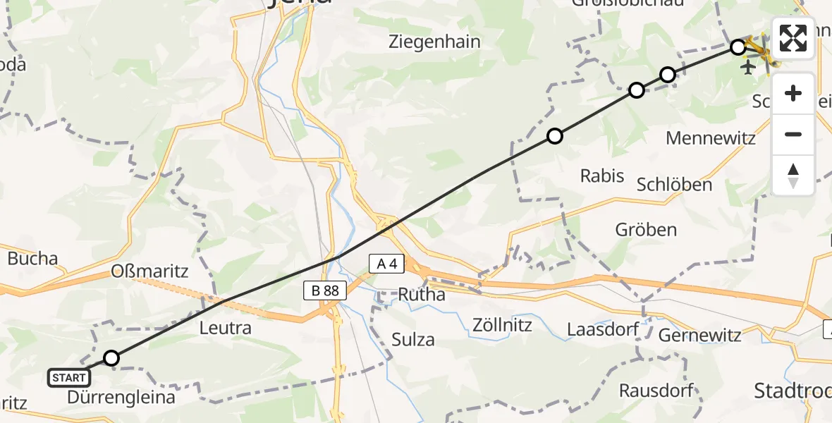 Routekaart van de vlucht: Rettungshubschrauber nach Jena-Schöngleina Flugplatz