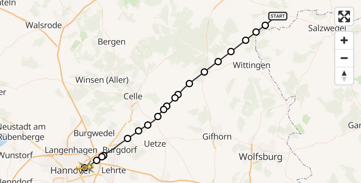 Routekaart van de vlucht: Rettungshubschrauber nach Hannover, Hannover Luftrettung Hubschrauberlandeplatz (Christoph 4)