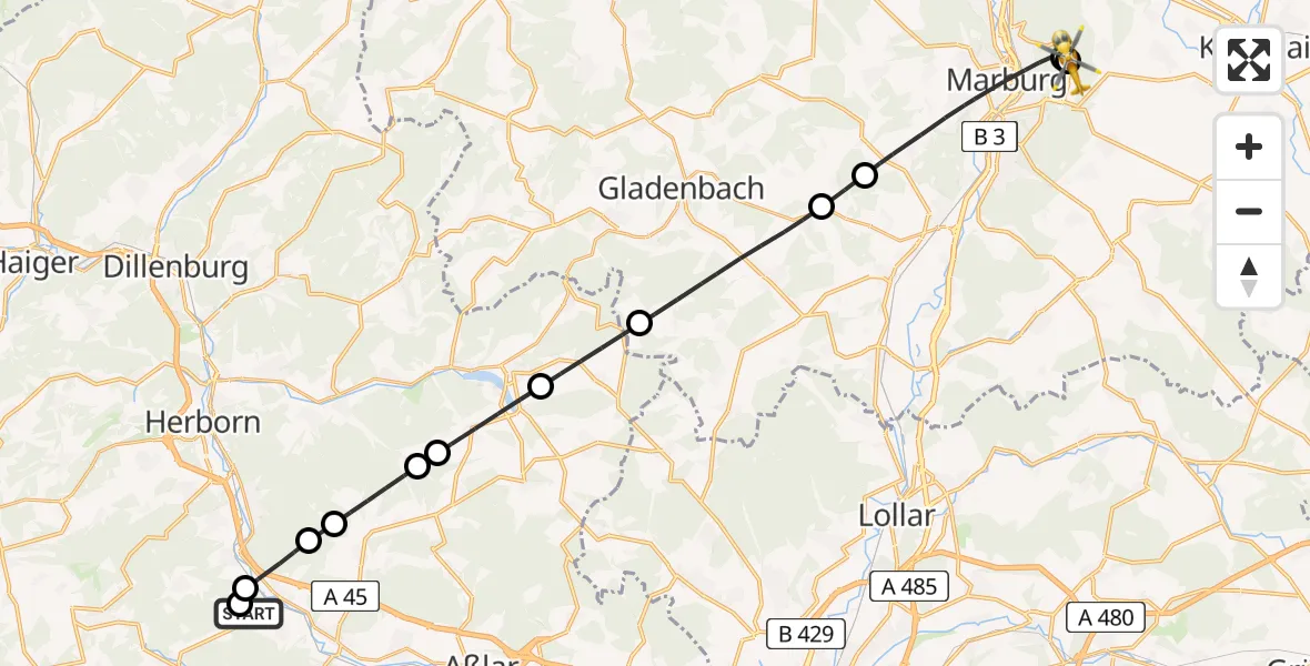 Routekaart van de vlucht: Rettungshubschrauber nach Marburg University Hospital Rooftop