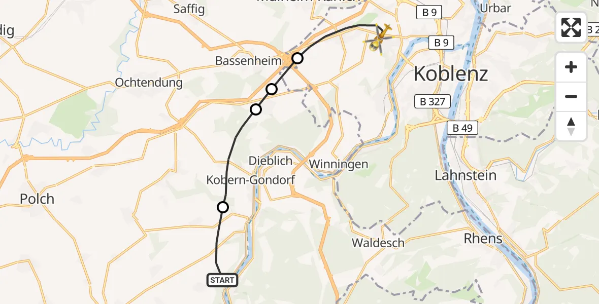 Routekaart van de vlucht: Rettungshubschrauber nach Koblenz, Rübenacher Straße