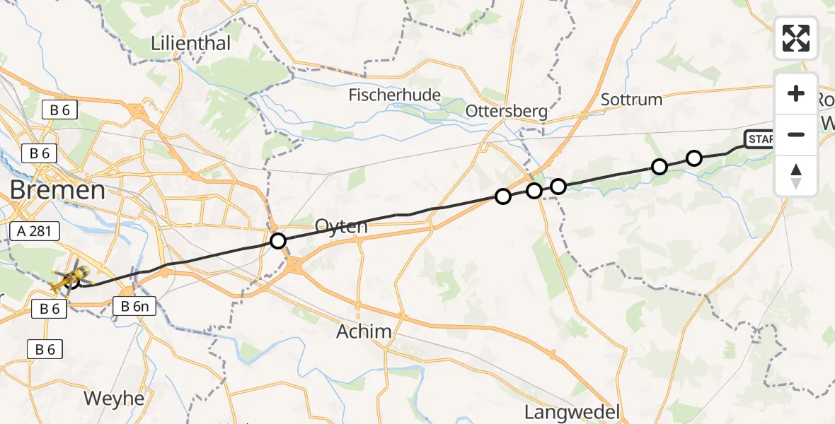 Routekaart van de vlucht: Rettungshubschrauber nach ADAC Air Rescue Station Bremen Hubschrauberlandeplatz (Christoph 6)