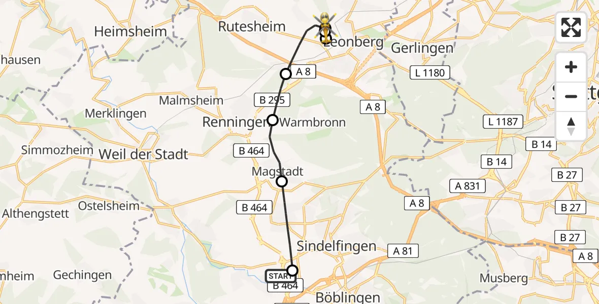Routekaart van de vlucht: Rettungshubschrauber nach Leonberg Hospital Hubschrauberlandeplatz
