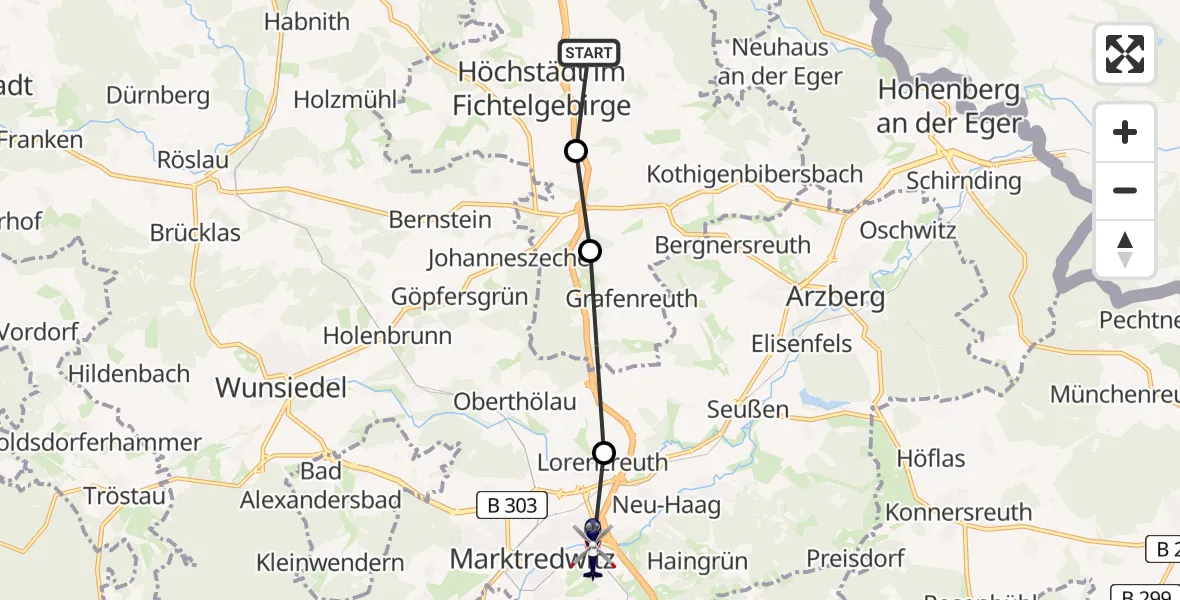 Routekaart van de vlucht: Polizeihubschrauber nach Marktredwitz, Rübezahlweg