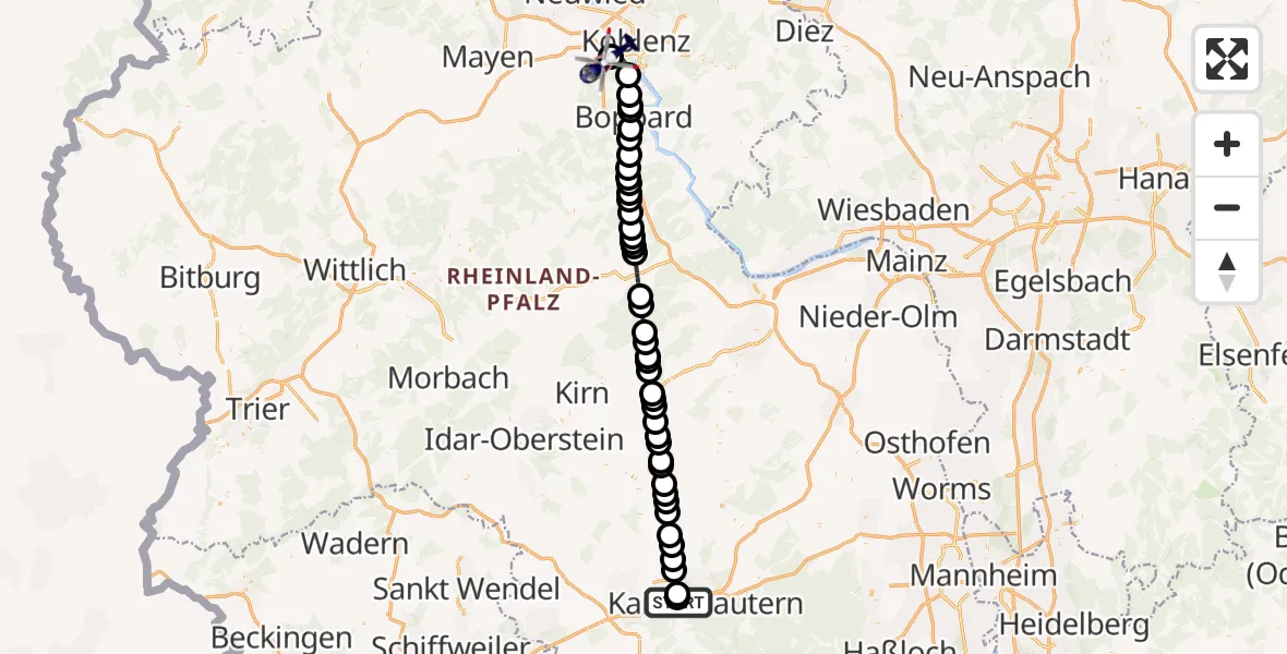 Routekaart van de vlucht: Polizeihubschrauber nach Koblenz-Winningen Flugplatz