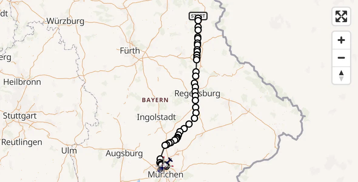 Routekaart van de vlucht: Polizeihubschrauber nach Oberschleissheim Hubschrauberlandeplatz