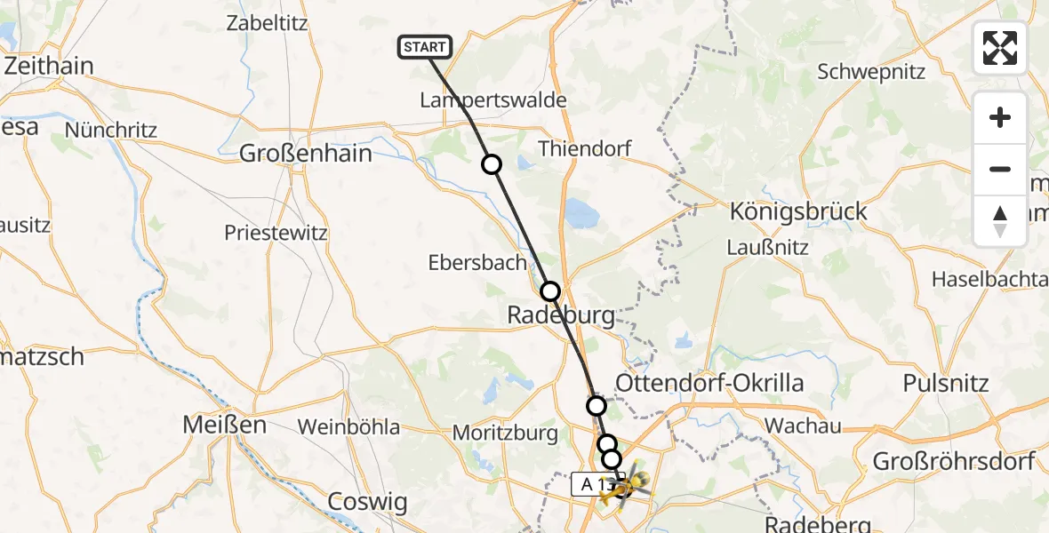 Routekaart van de vlucht: Rettungshubschrauber nach Dresden Bundespolizei Hubschrauberlandeplatz