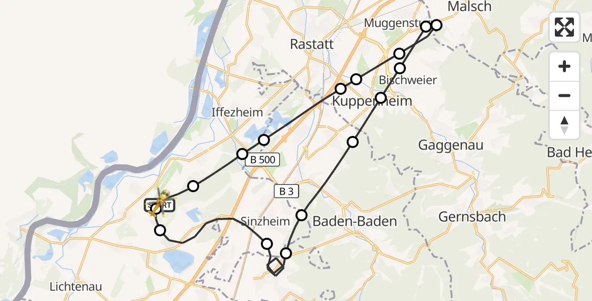 Flugroute Rettungshubschrauber Karlsruhe Baden-Baden Flughafen - Karlsruhe Baden-Baden Flughafen, 02 April 2026, 10:38