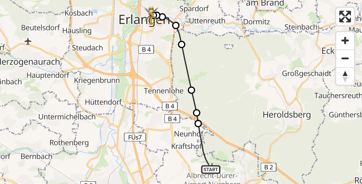 Routekaart van de vlucht: Ambulanzhubschrauber nach Erlangen University Hospital Rooftop