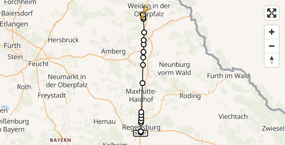 Routekaart van de vlucht: Rettungshubschrauber nach Weiden i.d.OPf., Zur Spitalöd