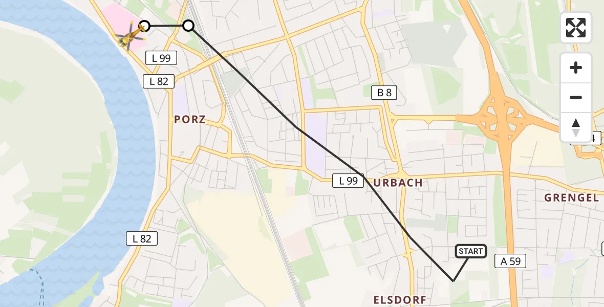 Flugroute Rettungshubschrauber Köln - Porz am Rhein Hospital, 02 April 2026, 11:00