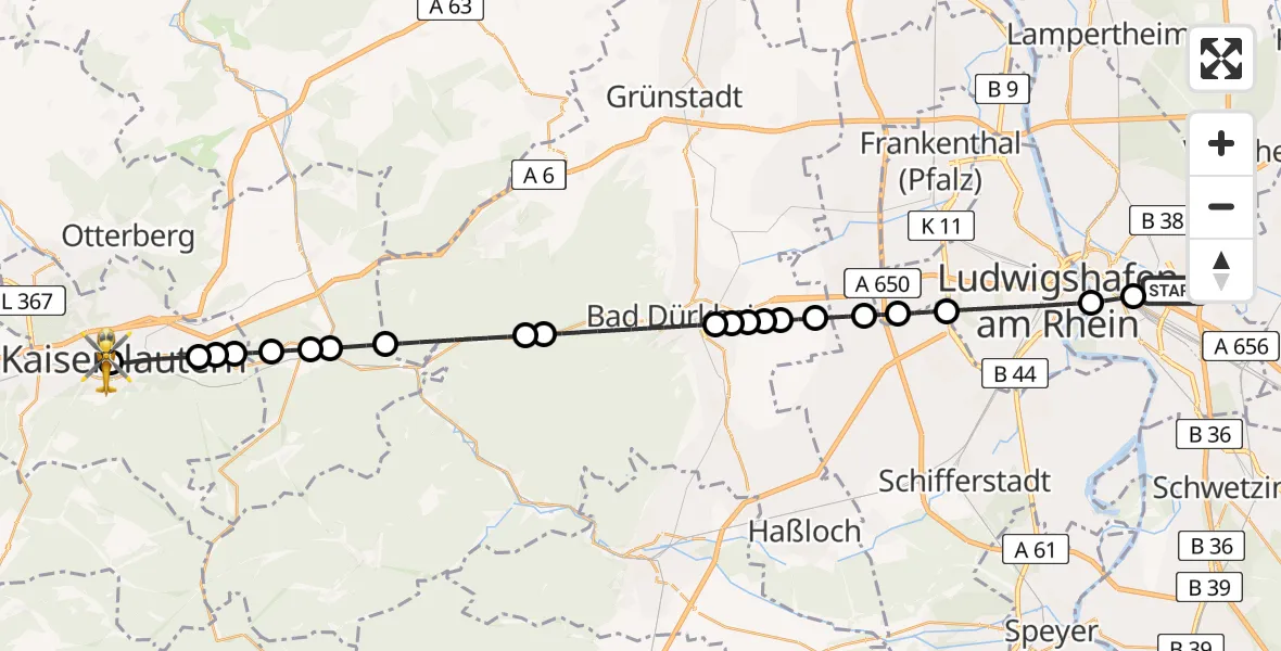 Flugroute Rettungshubschrauber Mannheim-City Flughafen - Westpfalz Hospital Kaiserslautern, 02 April 2026, 11:06