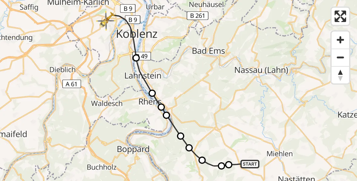 Routekaart van de vlucht: Rettungshubschrauber nach Koblenz, Rübenacher Straße